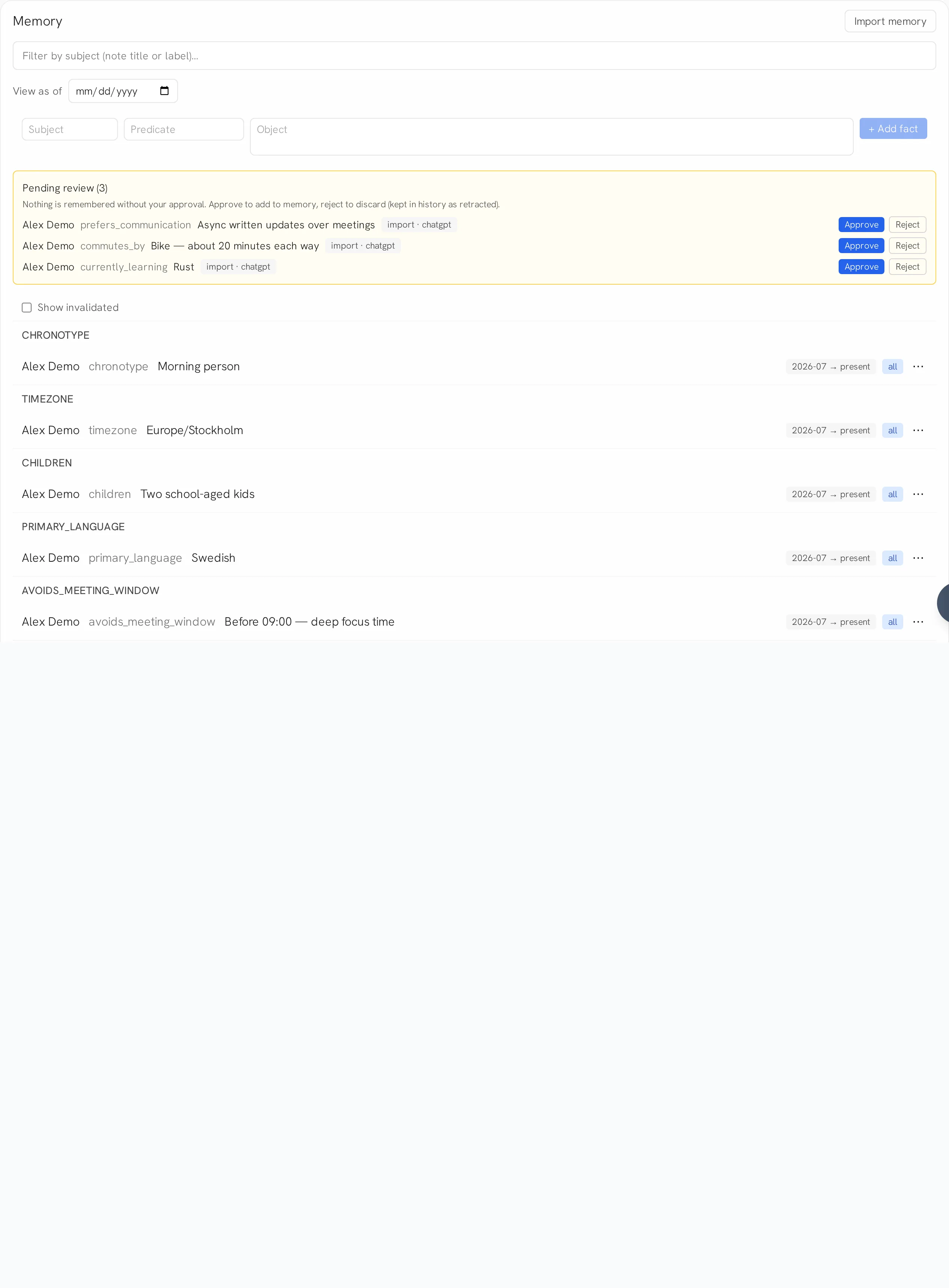 Calmara's pending review queue with three facts imported from ChatGPT, each with Approve and Reject buttons.